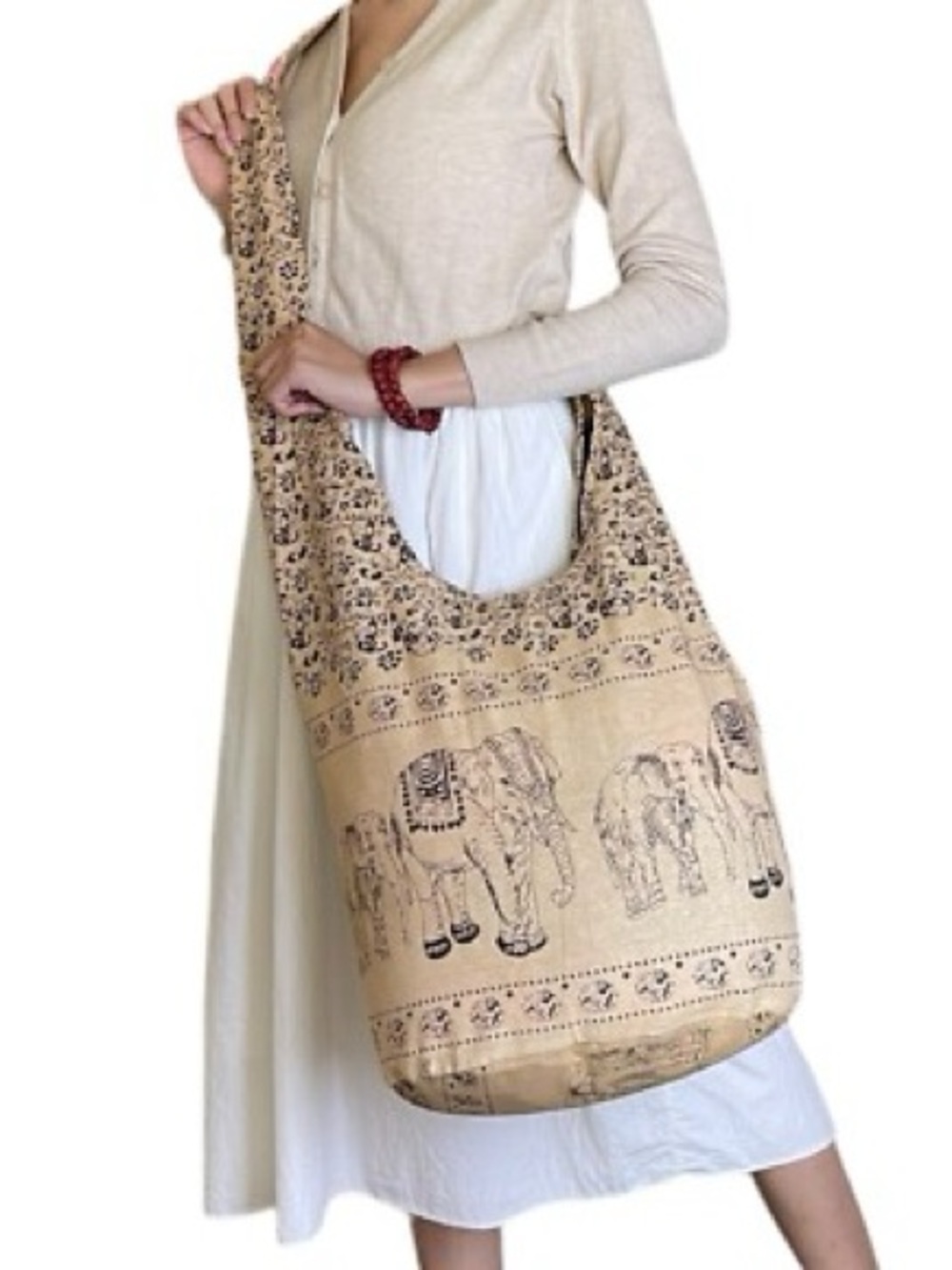 Boho Elephant Print Beige Crossbody Tote Bag